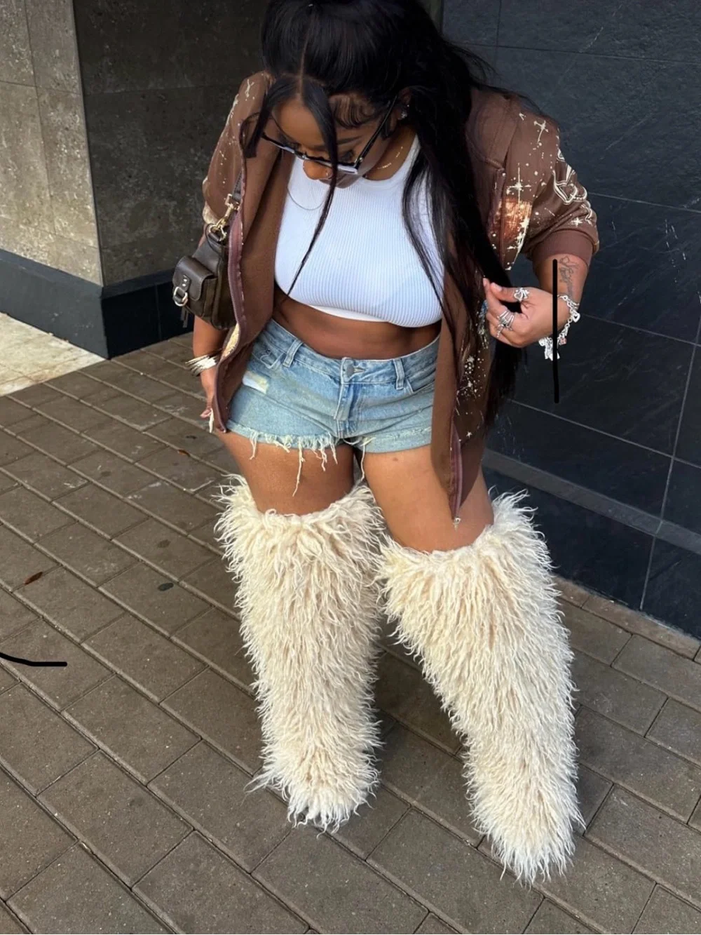 Women’s Beige Thigh High Faux Fur Boots Over the Knee Fluffy Winter Boots